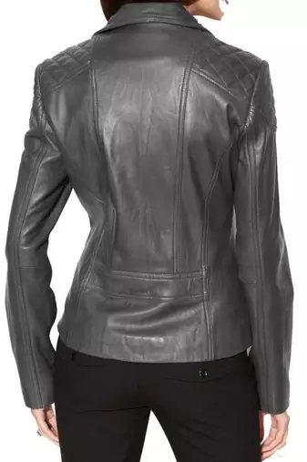 Women's grey soft genuine lambskin leather moto jacket