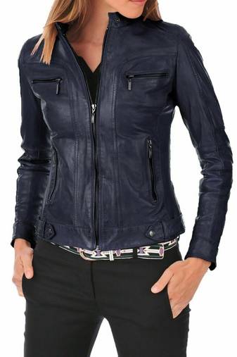 Women navy lambskin leather cafe racer biker jacket