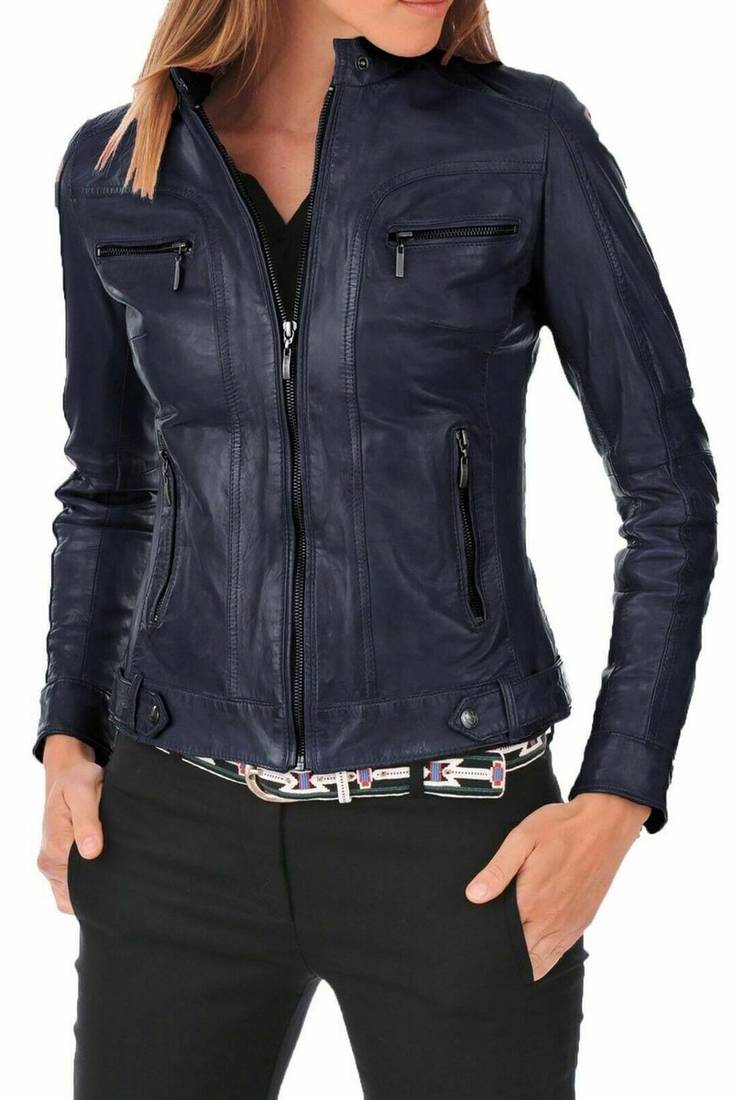 Women navy lambskin leather cafe racer biker jacket