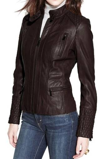 Women's brown quilted lambskin leather biker jacket