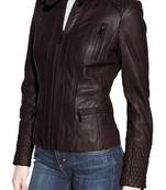 Women's brown quilted lambskin leather biker jacket