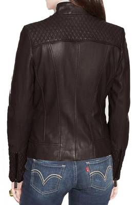 Women's brown quilted lambskin leather biker jacket 2