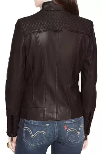Women's brown quilted lambskin leather biker jacket