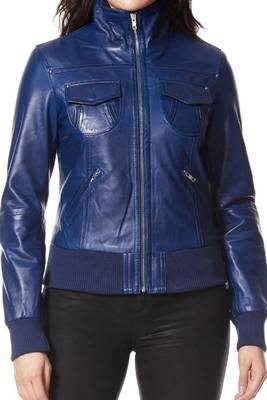 Women's blue genuine leather bomber jacket 1