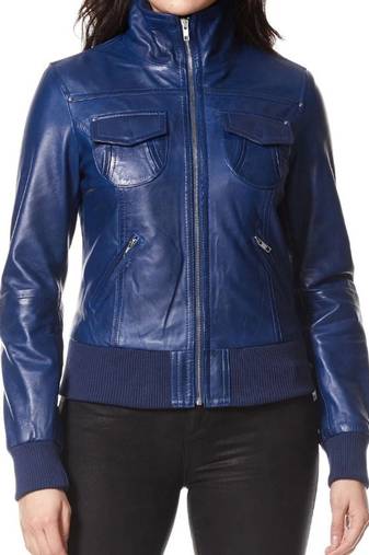 Women's blue genuine leather bomber jacket