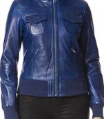 Women's blue genuine leather bomber jacket