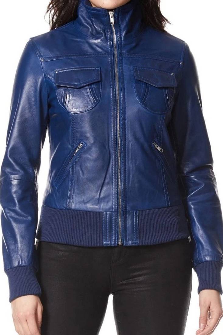 Women's blue genuine leather bomber jacket