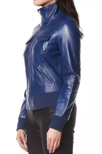 Women's blue genuine leather bomber jacket