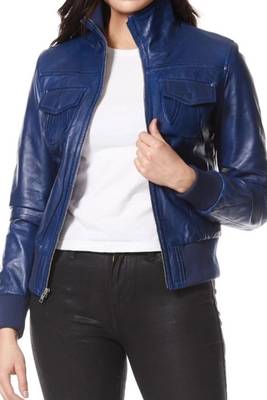 Women's blue genuine leather bomber jacket 4