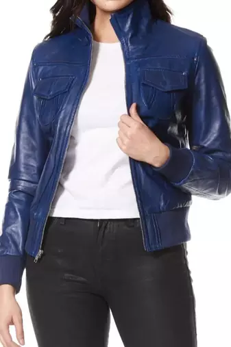 Women's blue genuine leather bomber jacket