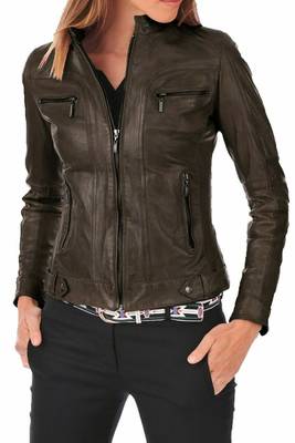 Women brown genuine leather biker jacket 1