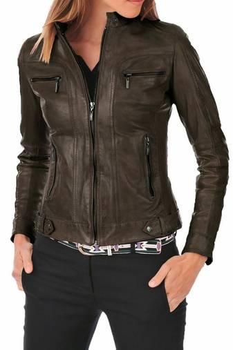 Women brown genuine leather biker jacket