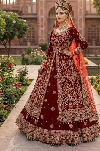DESIGNER BRIDAL WEDDING WEAR MAROON VELVET SALWAR SUIT LEHENGA COLLECTION FULL STITCHED SIZE