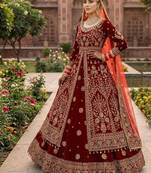 DESIGNER BRIDAL WEDDING WEAR MAROON VELVET SALWAR SUIT LEHENGA COLLECTION FULL STITCHED SIZE