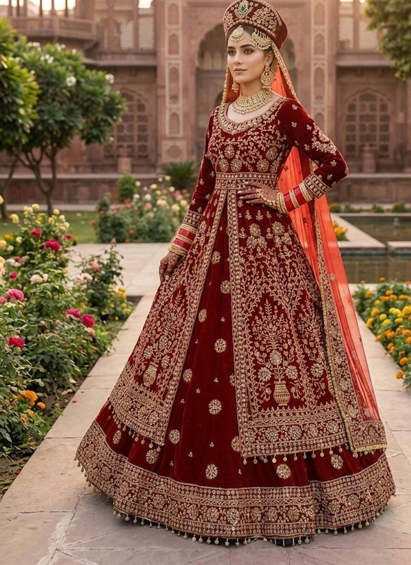 DESIGNER BRIDAL WEDDING WEAR MAROON VELVET SALWAR SUIT LEHENGA COLLECTION FULL STITCHED SIZE