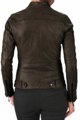 Women brown genuine leather biker jacket 2
