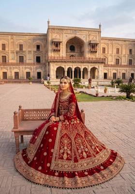 DESIGNER BRIDAL WEDDING WEAR MAROON VELVET SALWAR SUIT LEHENGA COLLECTION FULL STITCHED SIZE 3