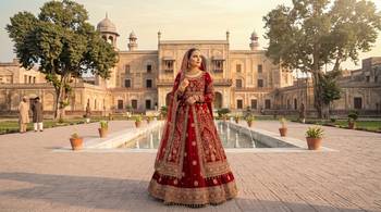 DESIGNER BRIDAL WEDDING WEAR MAROON VELVET SALWAR SUIT LEHENGA COLLECTION FULL STITCHED SIZE 5