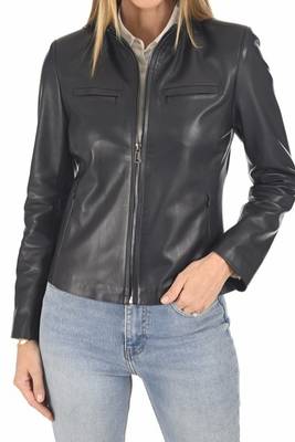 Women's black cafe racer leather jacket 2