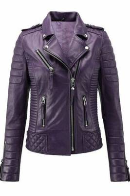 Women's lambskin purple biker leather jacket 1