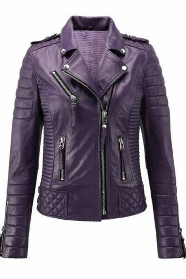 Women's lambskin purple biker leather jacket