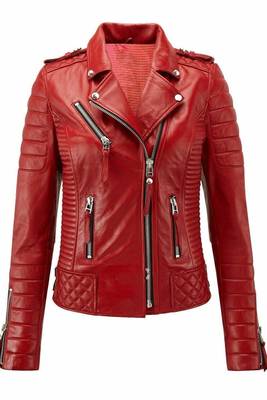 Women's red moto biker leather lambskin jacket 1