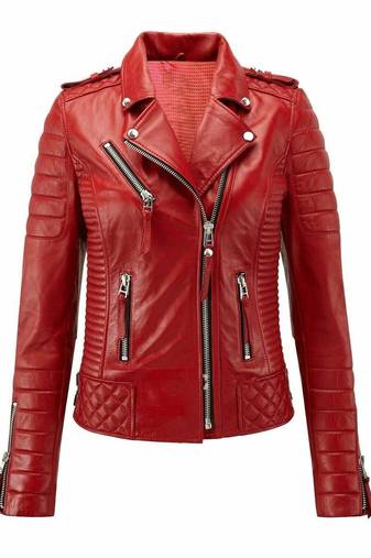 Women's red moto biker leather lambskin jacket