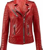 Women's red moto biker leather lambskin jacket