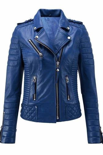 Women's blue moto biker leather jacket real genuine lambskin casual