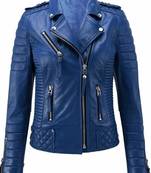 Women's blue moto biker leather jacket real genuine lambskin casual