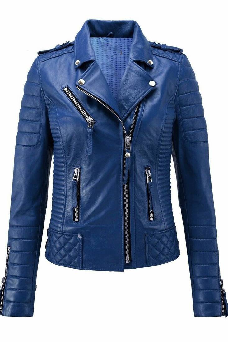 Women's blue moto biker leather jacket real genuine lambskin casual