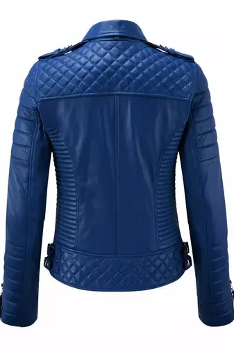 Women's blue moto biker leather jacket real genuine lambskin casual