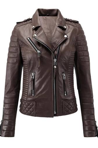 Women's real genuine soft lambskin brown biker leather jacket