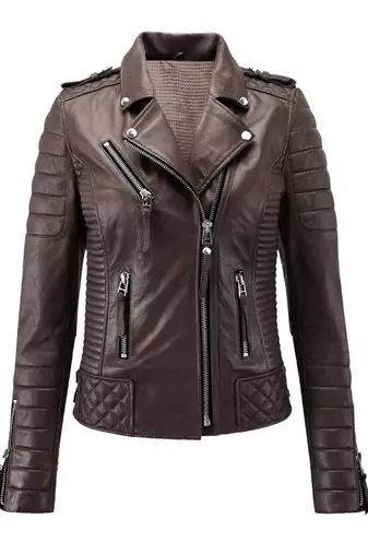 Women's real genuine soft lambskin brown biker leather jacket