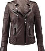 Women's real genuine soft lambskin brown biker leather jacket