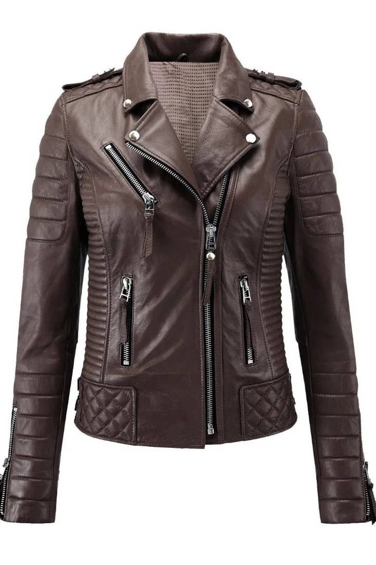 Women's real genuine soft lambskin brown biker leather jacket