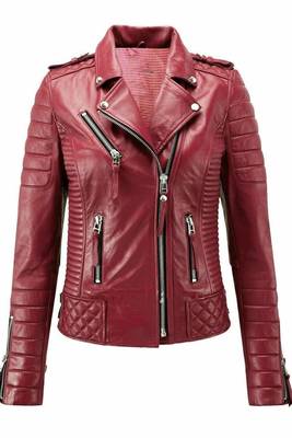 Women's dark red soft genuine lambskin moto leather jacket 1