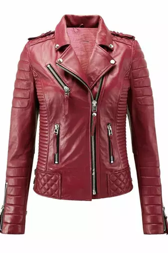 Women's dark red soft genuine lambskin moto leather jacket