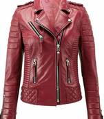 Women's dark red soft genuine lambskin moto leather jacket