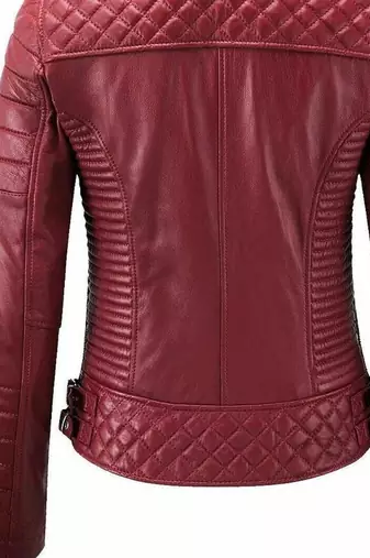 Women's dark red soft genuine lambskin moto leather jacket