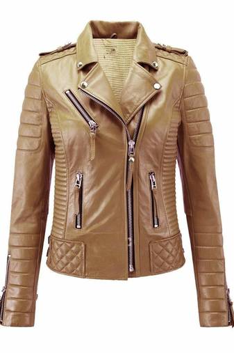 Women's tan biker leather jacket real genuine casual style jacket