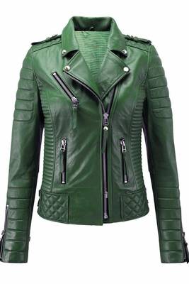 Women's green moto leather jacket real genuine casual daily wear 1