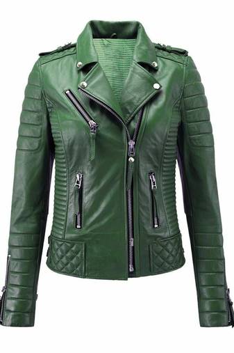 Women's green moto leather jacket real genuine casual daily wear