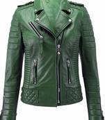 Women's green moto leather jacket real genuine casual daily wear