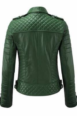 Women's green moto leather jacket real genuine casual daily wear 2