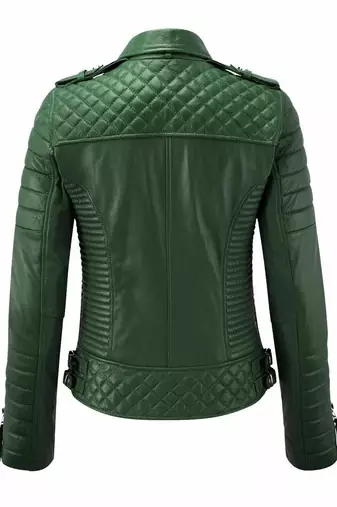 Women's green moto leather jacket real genuine casual daily wear