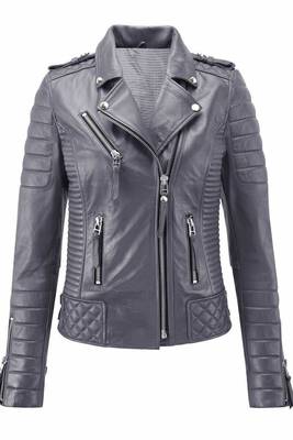 Women's genuine gray biker leather lambskin jacket 1