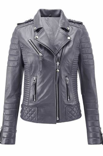 Women's genuine gray biker leather lambskin jacket