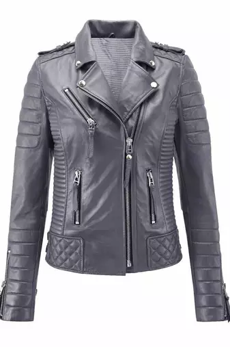 Women's genuine gray biker leather lambskin jacket