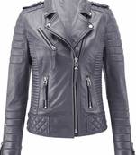 Women's genuine gray biker leather lambskin jacket